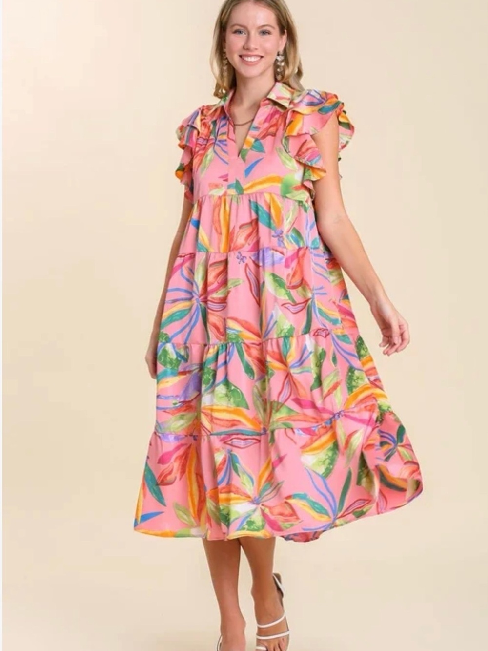 Umgee Pink Multicolor Tropical Tiered Midi Dress